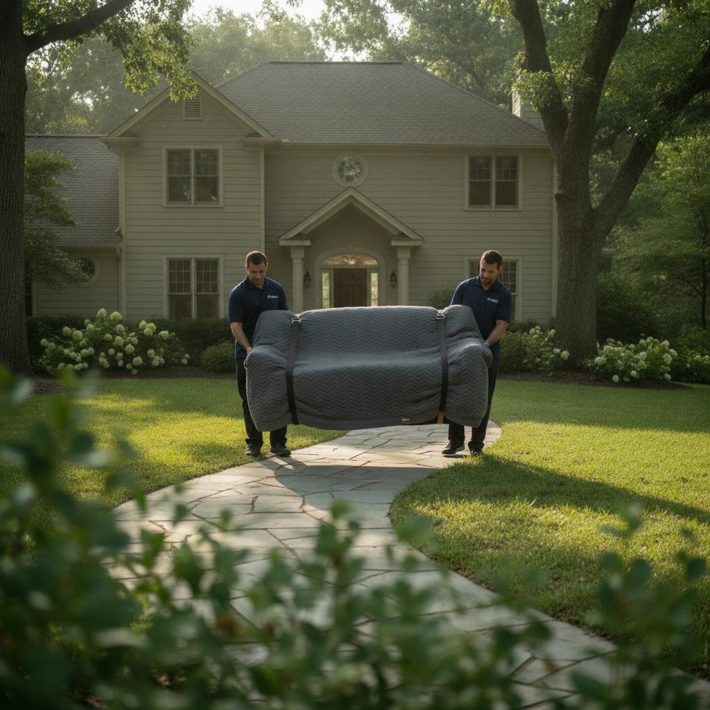 Movers carrying a blanket-wrapped sofa